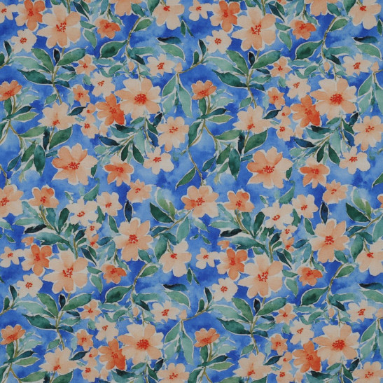 Viscose material Poppy print with orange flowers on blue color