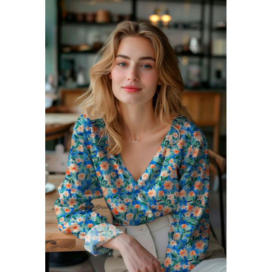Viscose material Poppy print with orange flowers on blue color
