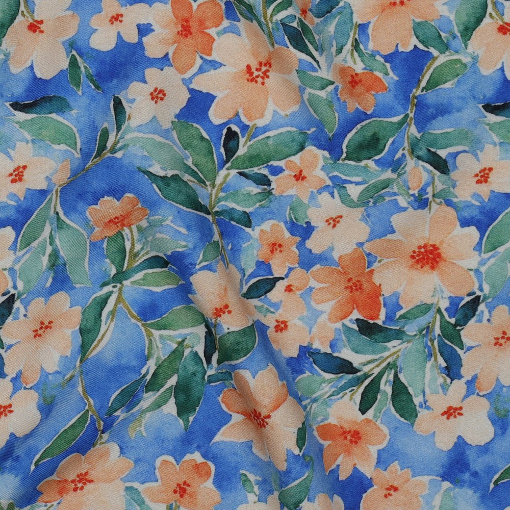 Viscose material Poppy print with orange flowers on blue color