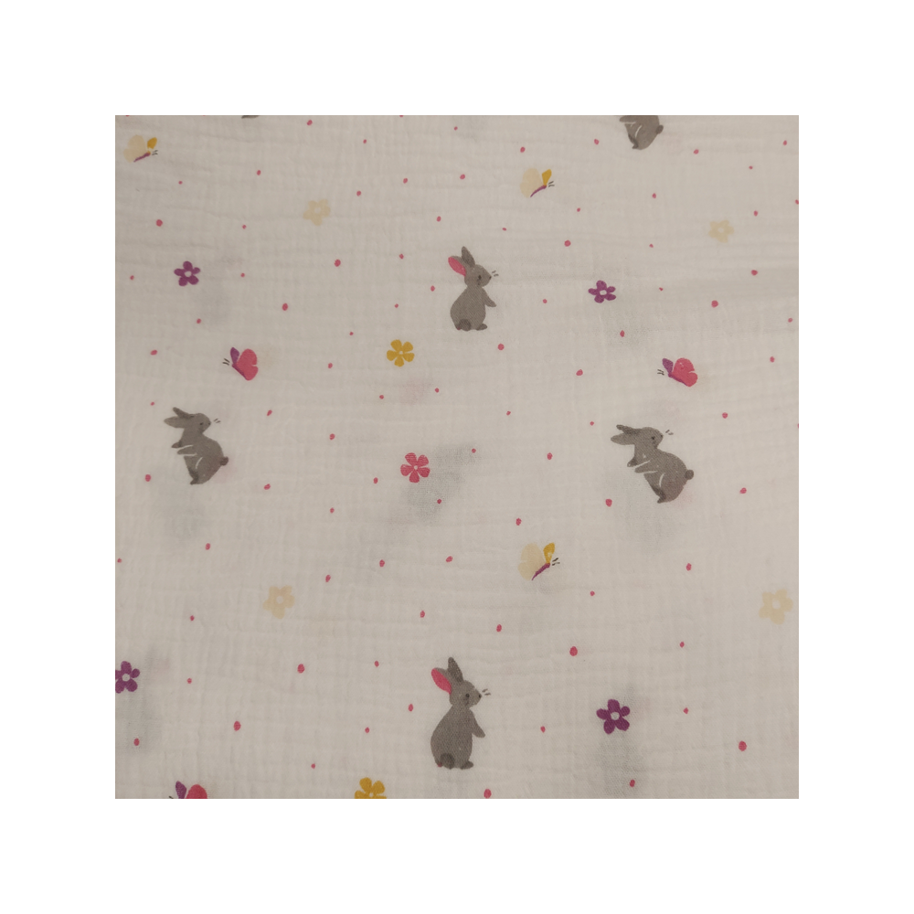 Tissu double gaze de coton imprimé petit lapin