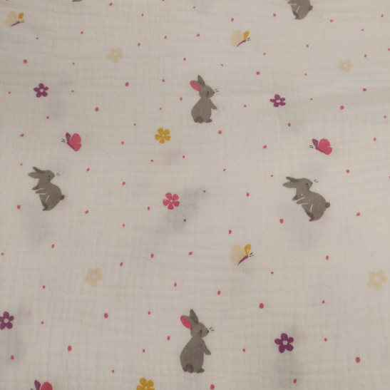 Tissu double gaze de coton imprimé petit lapin