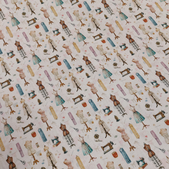 Cotton material printed with sewing