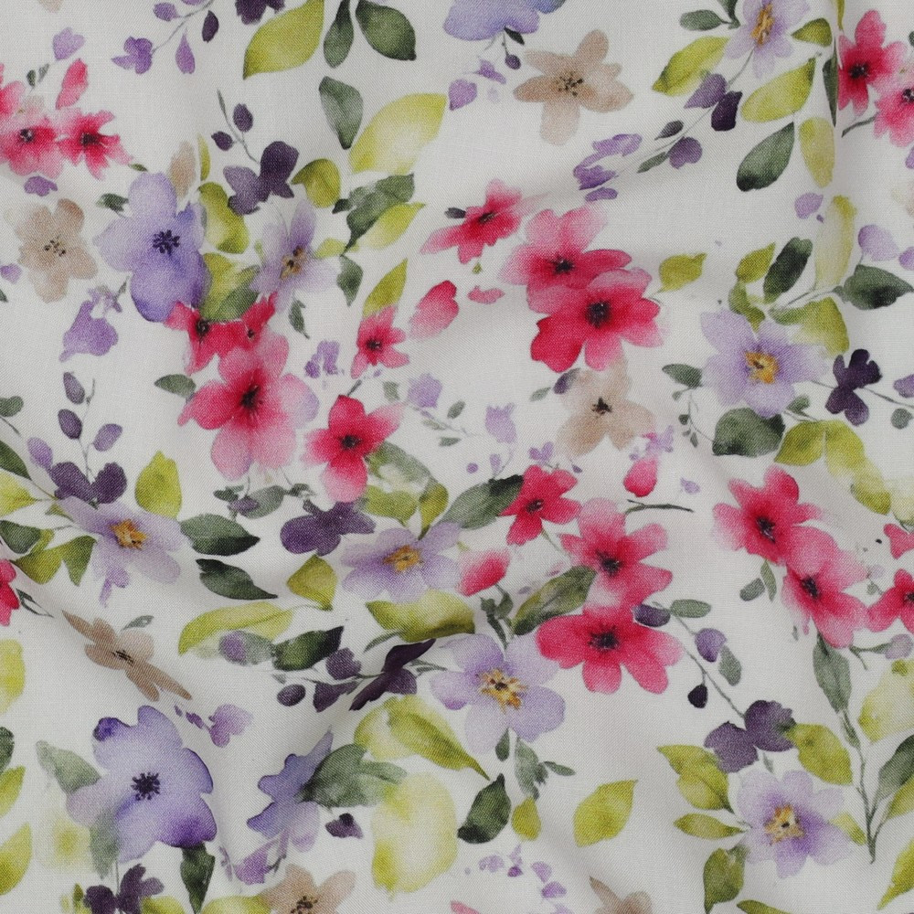 Viscose material Poppy print with rose and green flower