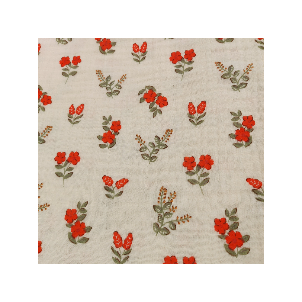 Tissu double gaze de coton imprimé fleurs rouges