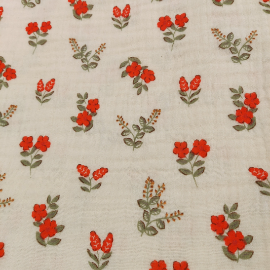 Tissu double gaze de coton imprimé fleurs rouges
