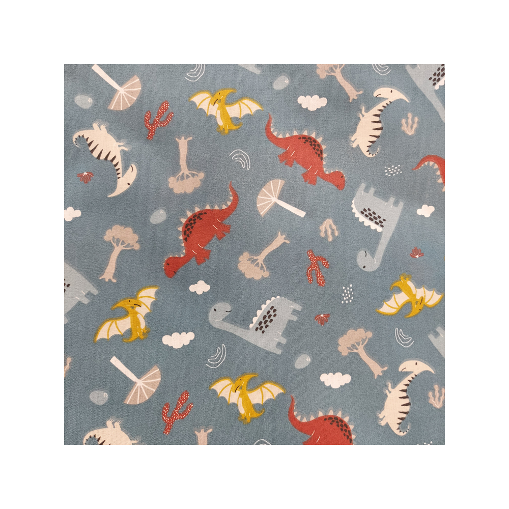 Tissu coton enfant imprimé dinosaure fond pétrole