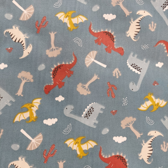 Cotton material  print with dino color petrol