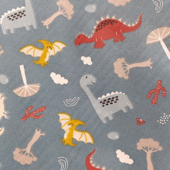 Cotton material  print with dino color petrol