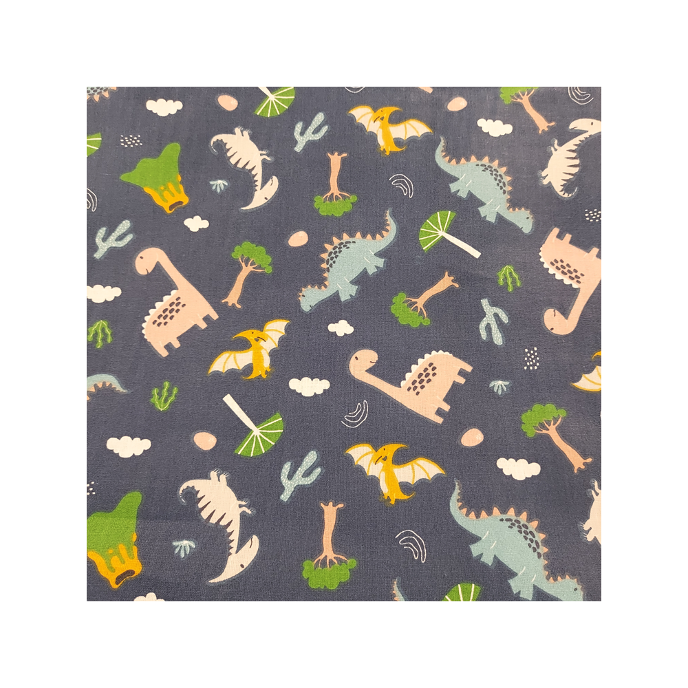 Tissu coton enfant imprimé dinosaure fond bleu marine