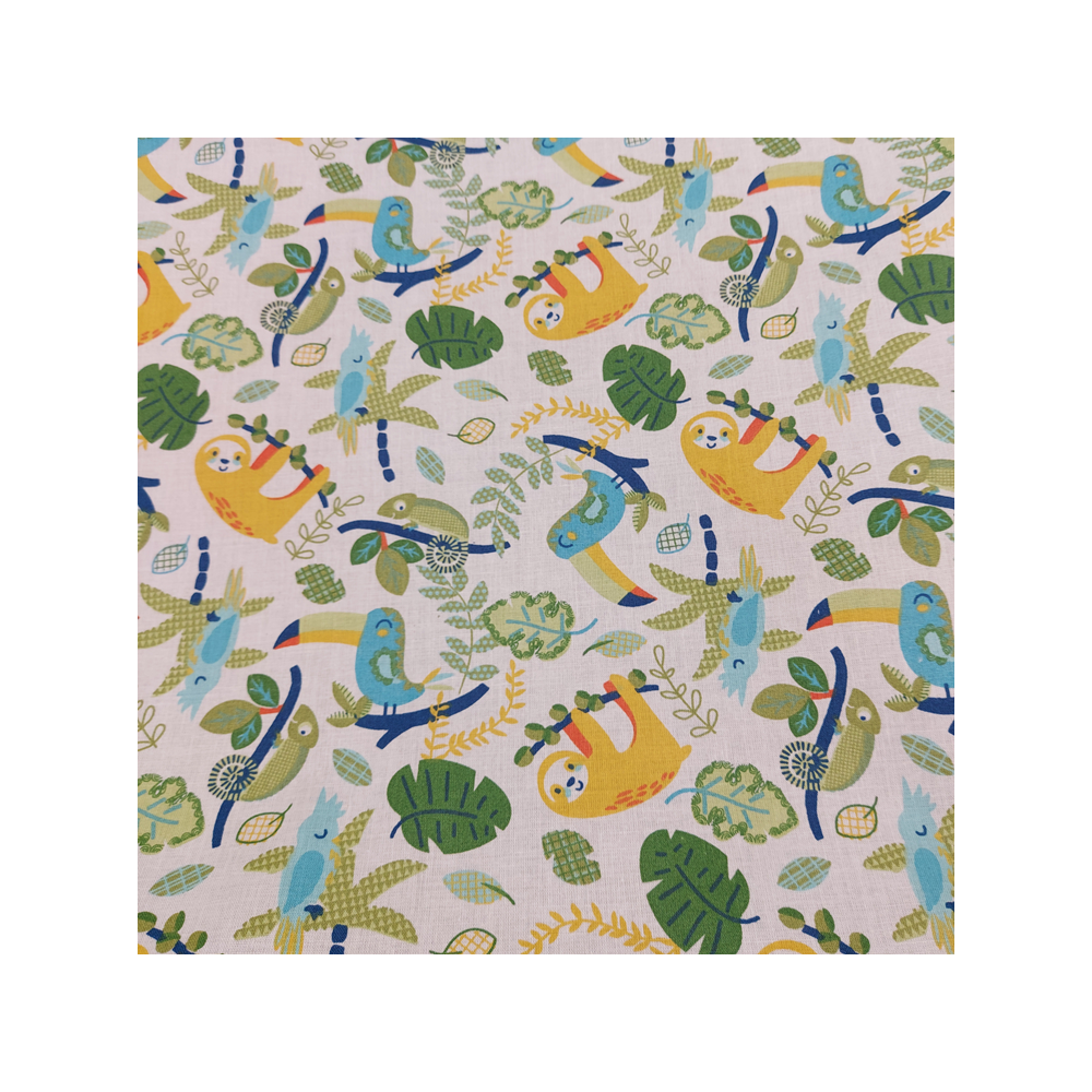 Cotton material  print with lazy animal and toucan