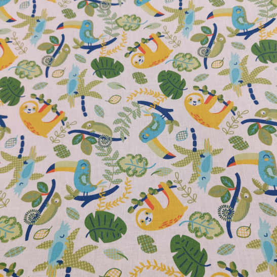 Cotton material  print with lazy animal and toucan