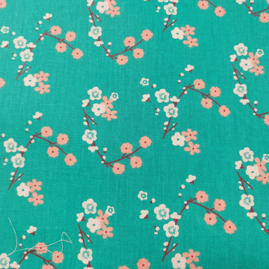 Tissu coton imprimé fleurs de cerisier coloris vert