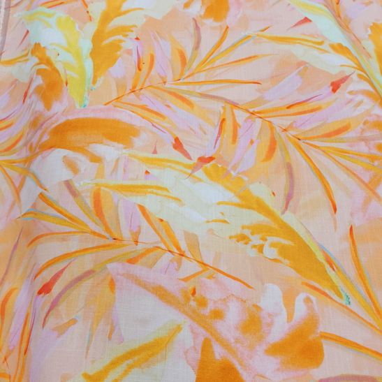 Tissu viscose et lin imprimé feuillage coloris orange