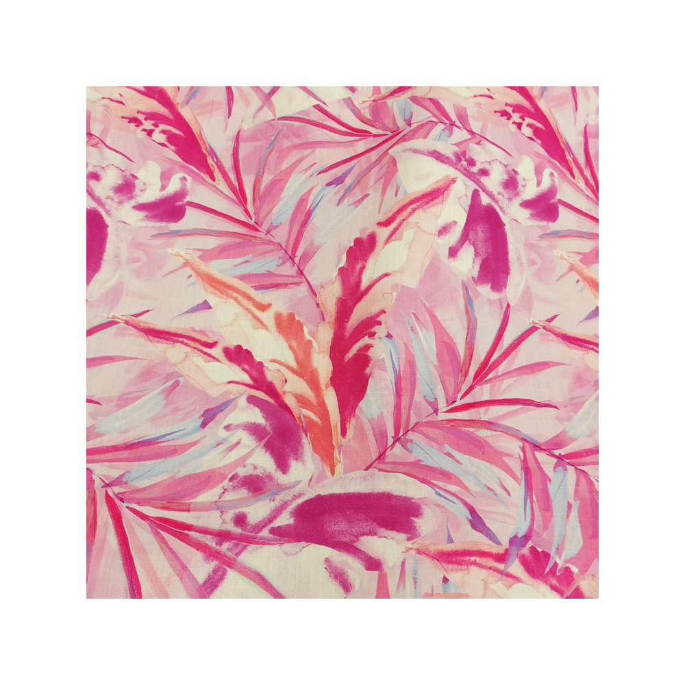 Viscose and linen material printed with pink foliage
