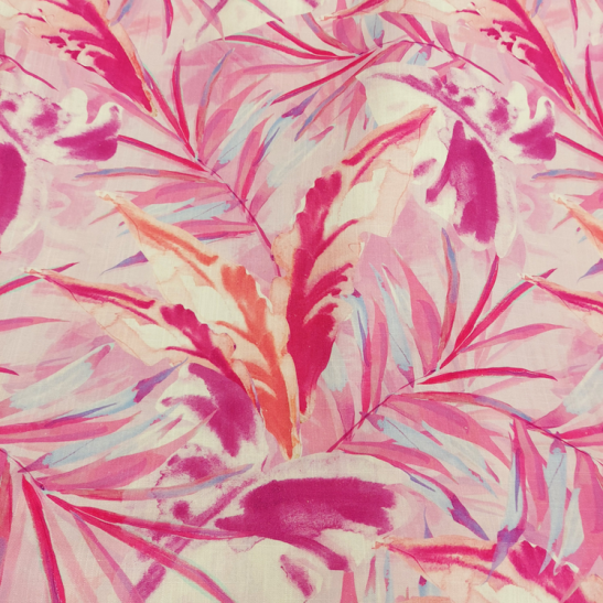 Tissu viscose et lin imprimé feuillage coloris rose