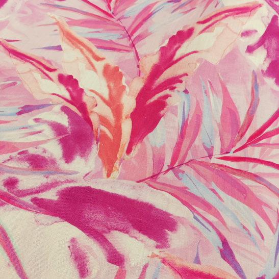 Viscose and linen material printed with pink foliage