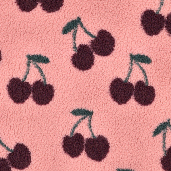 Tissu teddy sherpa imprimé cerises fond rose
