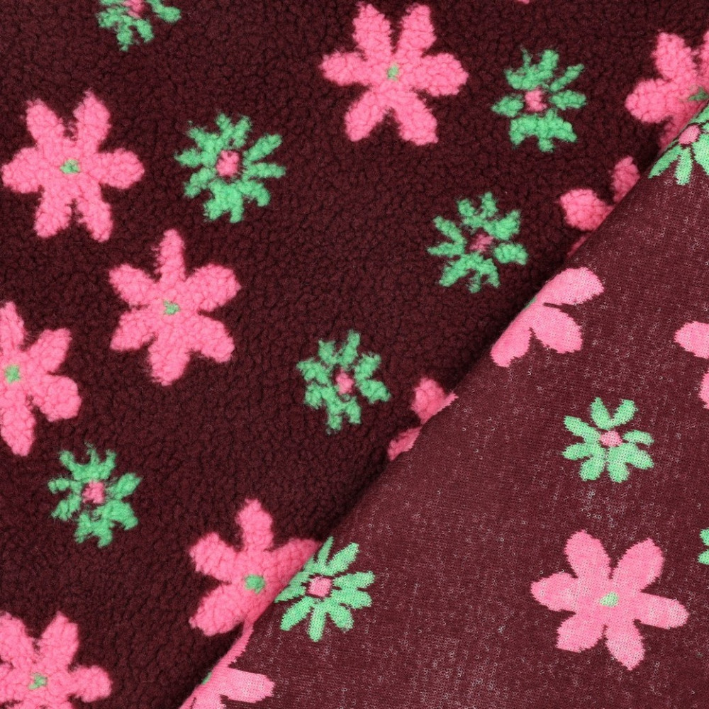 Tissu teddy sherpa imprimé fleurs coloris bordeaux