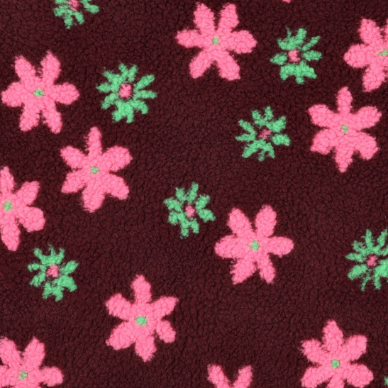 Tissu teddy sherpa imprimé fleurs coloris bordeaux
