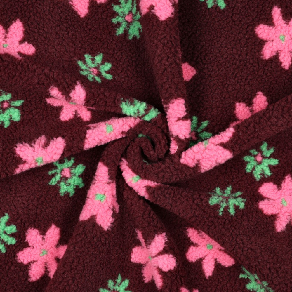 Tissu teddy sherpa imprimé fleurs coloris bordeaux