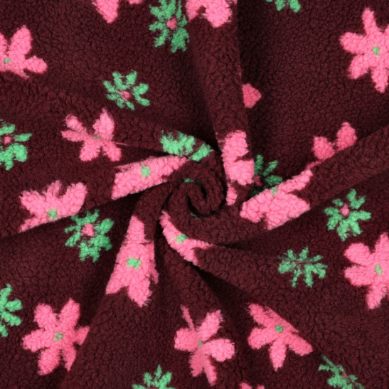 Tissu teddy sherpa imprimé fleurs coloris bordeaux