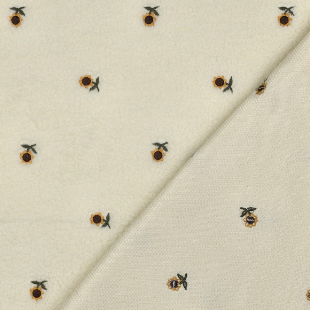 Tissu sherpa brodé tournesols coloris écru