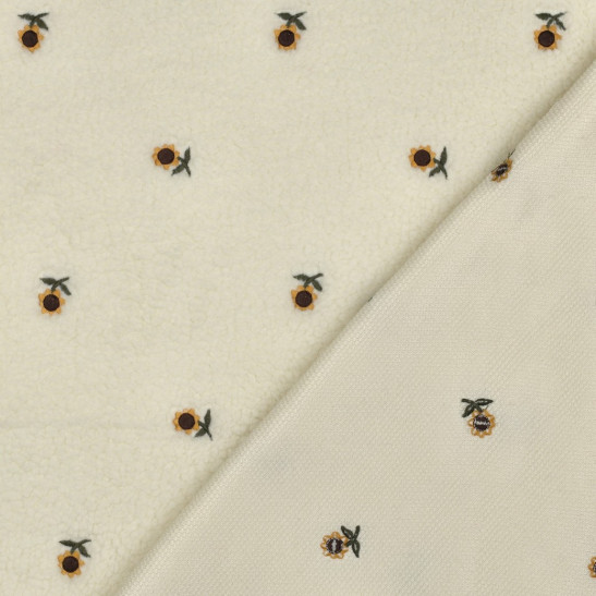Tissu sherpa brodé tournesols coloris écru