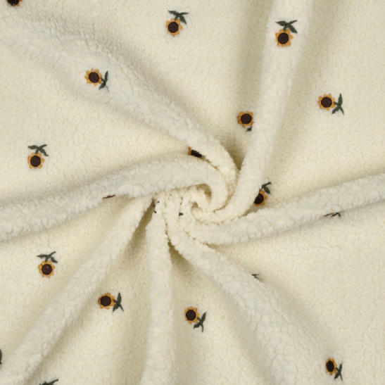 Tissu sherpa brodé tournesols coloris écru