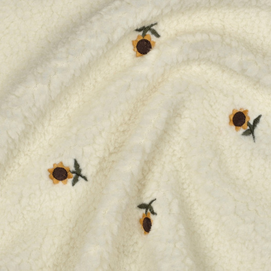 Tissu sherpa brodé tournesols coloris écru
