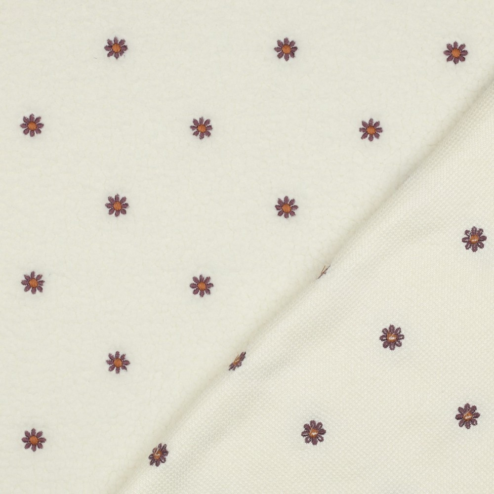 Tissu sherpa brodé marguerites coloris écru