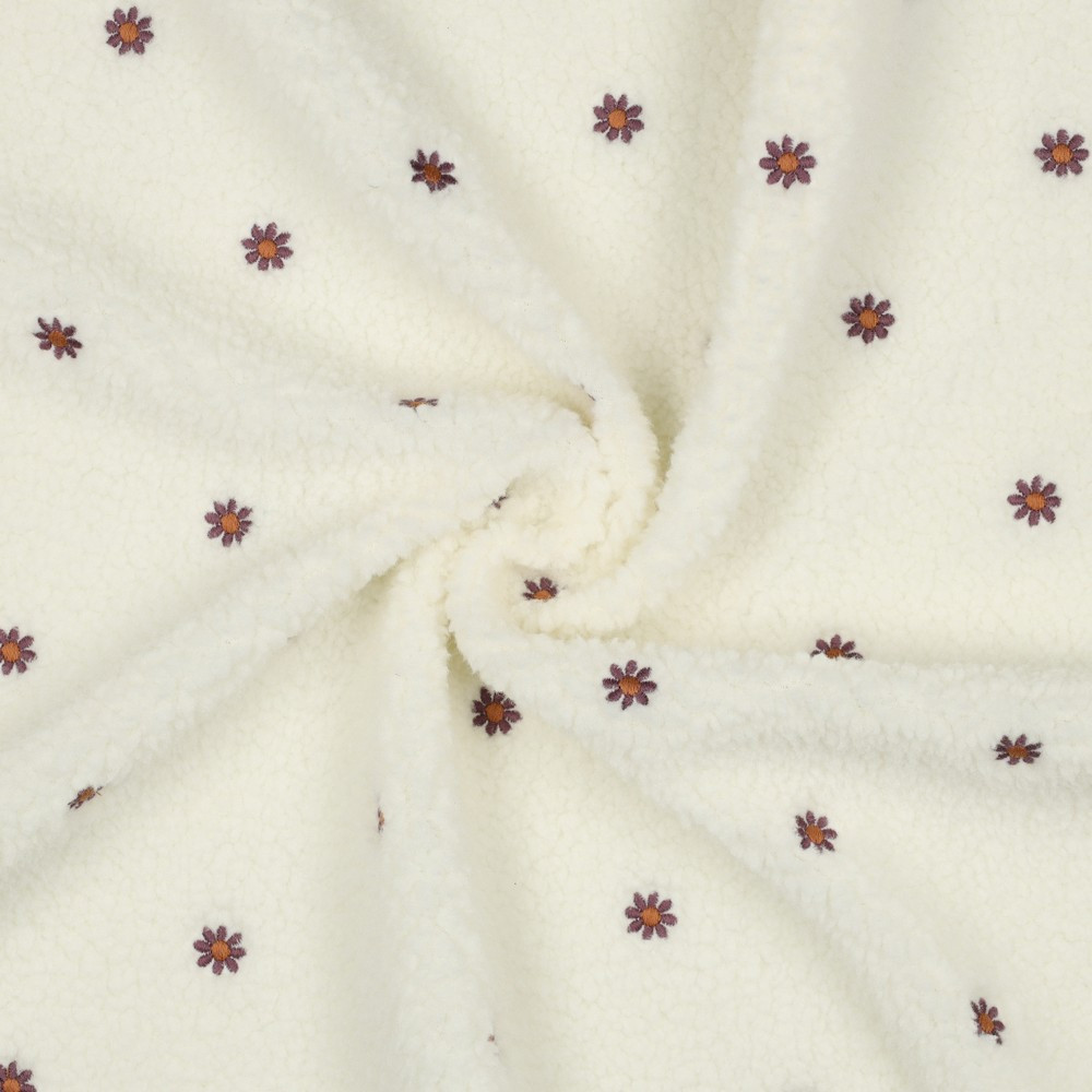 Tissu sherpa brodé marguerites coloris écru