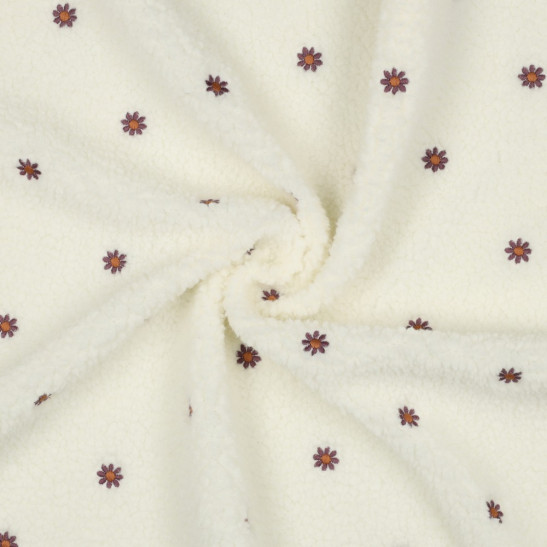 Tissu sherpa brodé marguerites coloris écru
