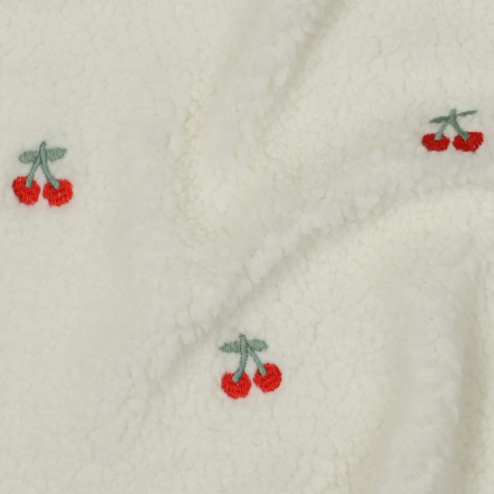 Tissu sherpa brodé cerises coloris écru
