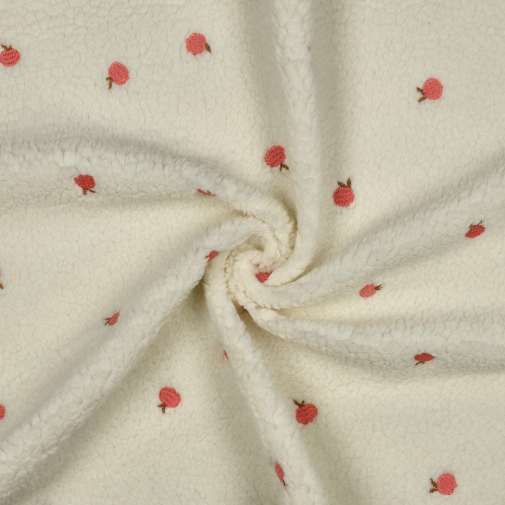 Tissu sherpa brodé pêches coloris écru