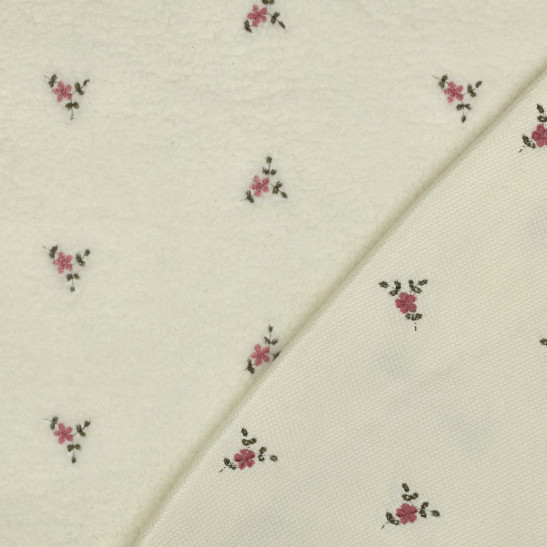Tissu sherpa brodé fleurs coloris écru