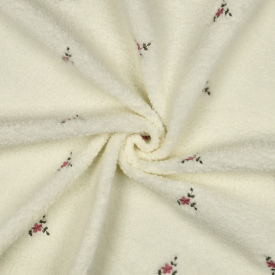 Tissu sherpa brodé fleurs coloris écru