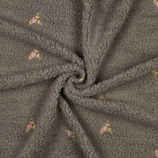Tissu sherpa brodé fleurs coloris gris