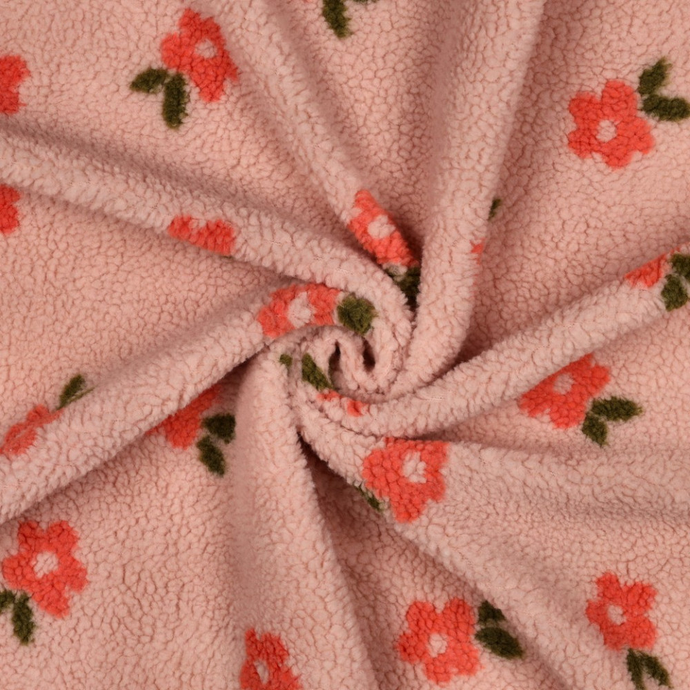 Tissu teddy sherpa imprimé fleurs coloris rose pâle