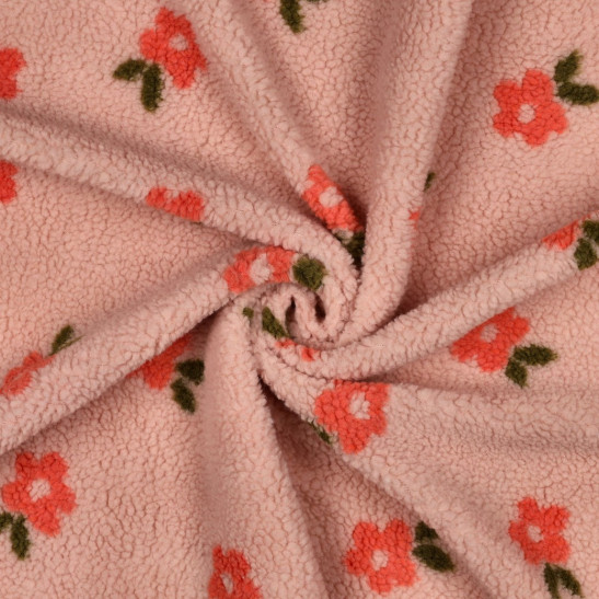 Tissu teddy sherpa imprimé fleurs coloris rose pâle