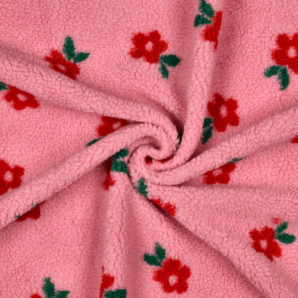 Tissu teddy sherpa imprimé fleurs coloris rose