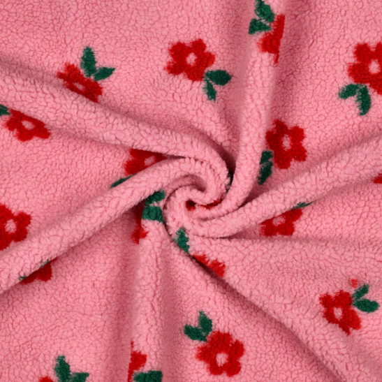Tissu teddy sherpa imprimé fleurs coloris rose