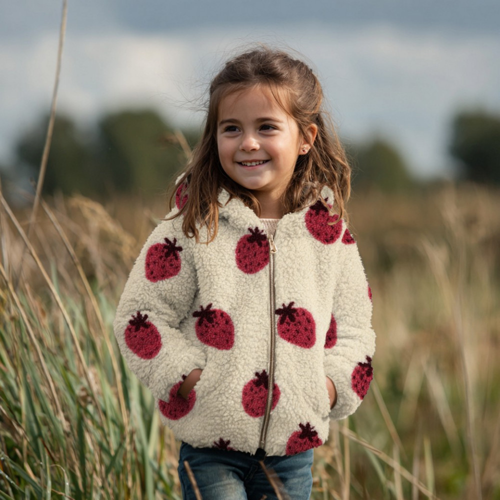 Tissu teddy sherpa imprimé fraises coloris écru