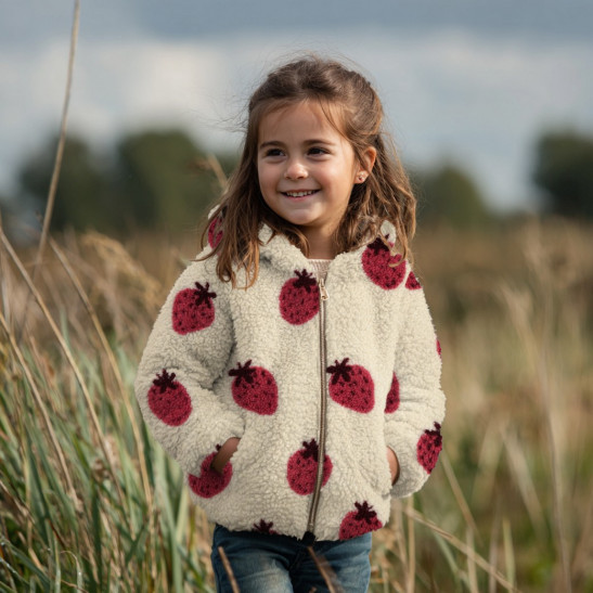 Tissu teddy sherpa imprimé fraises coloris écru