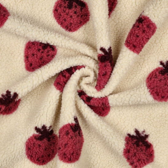 Tissu teddy sherpa imprimé fraises coloris écru