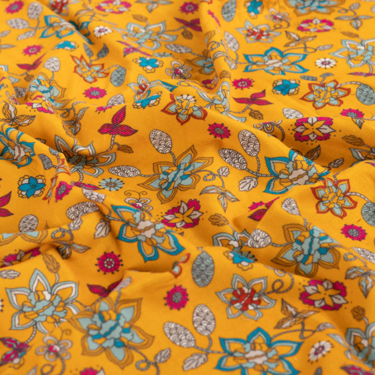 Tissu velours fine côte Qjutie imprimé fleurs ocres