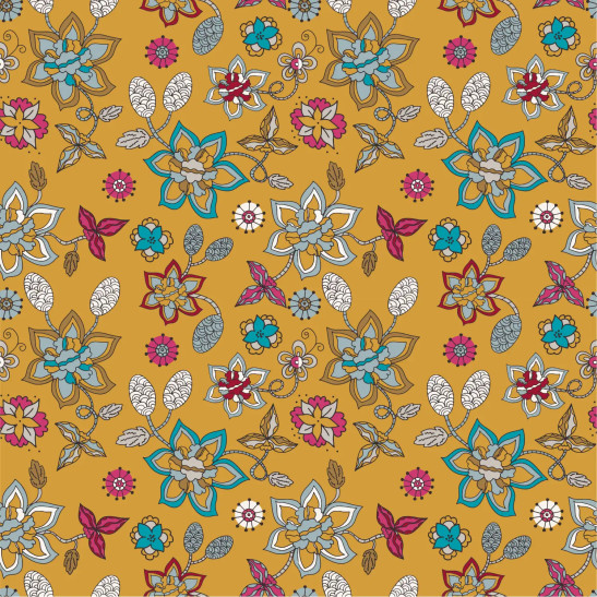 Tissu velours fine côte Qjutie imprimé fleurs ocres