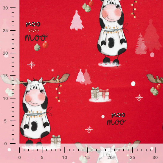 Tissu jersey french terry numérique de Noël imprimé vaches