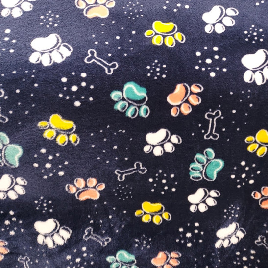 Tissu polaire doudou imprimé papattes coloris bleu marine