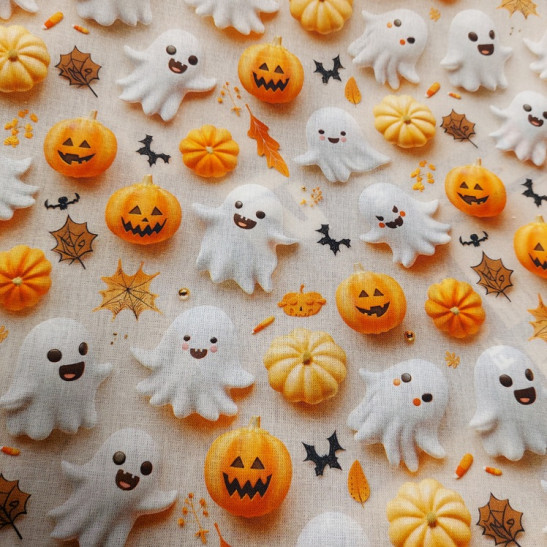 Halloween cotton material 3 D digital  print with ghosts and pumpkins
