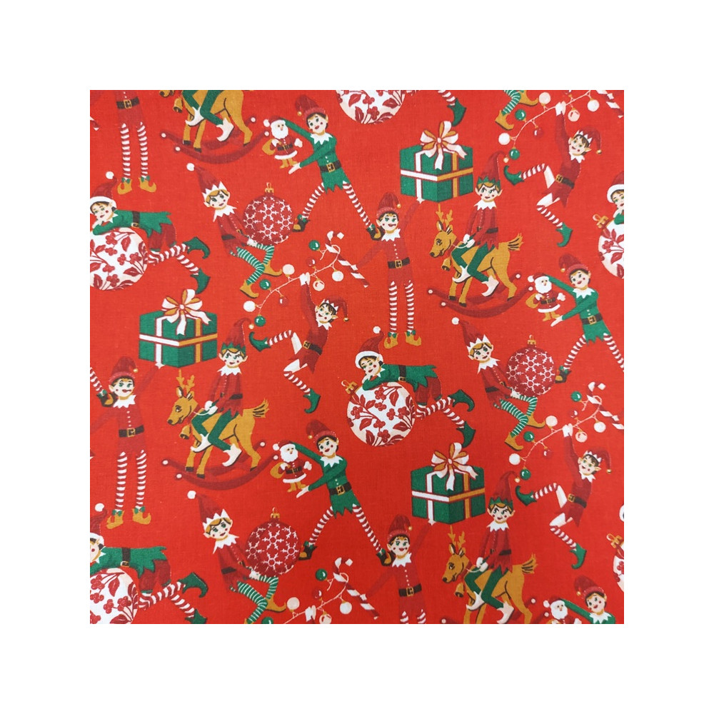 Tissu Noël Safeco coton imprimé lutins coloris rouge